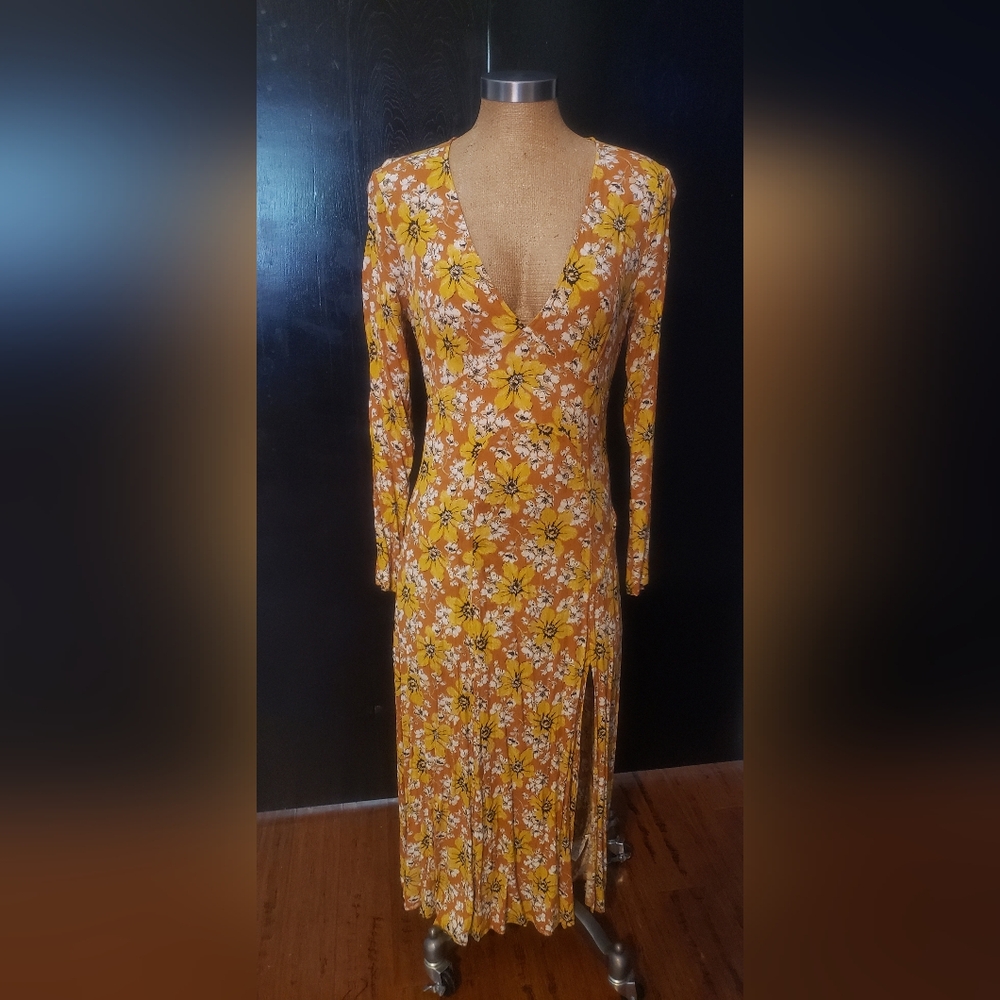 Free People Yellow and White Floral Long Sleeve Dress